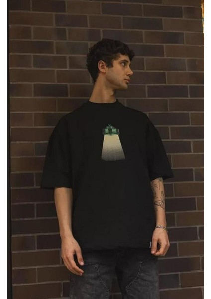 Unisex Bisiklet Yaka Baskılı Oversize T-Shirt