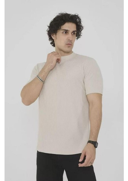 Unisex Bisiklet Yaka Slim Fit T-Shirt- Bej modelleri