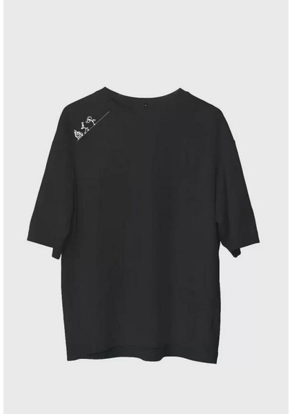 Unisex Bisiklet Yaka Baskılı Oversize T-Shirt