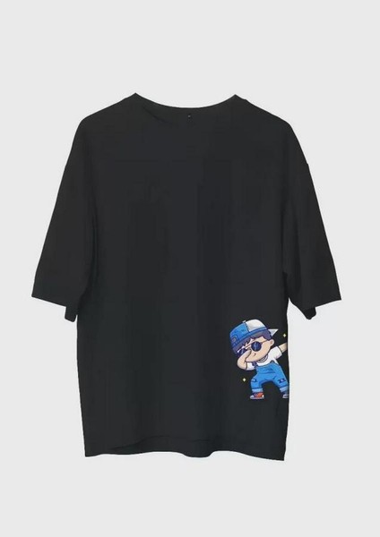 Unisex Bisiklet Yaka Baskılı Oversize T-Shirt