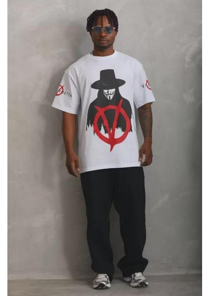 Unisex Oversize Baskılı Bisiklet Yaka T-Shirt