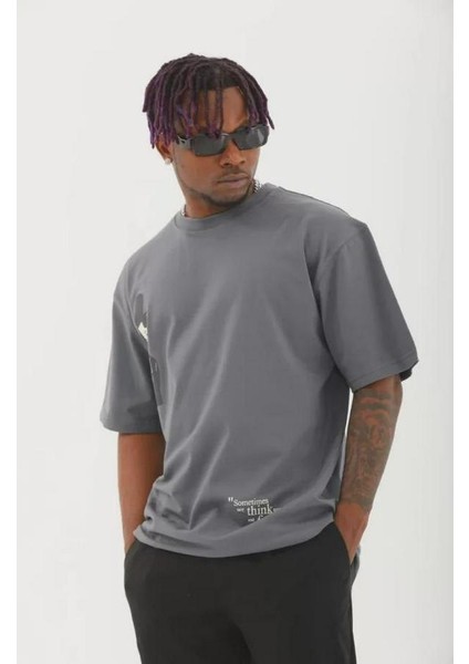 Unisex Oversize Baskılı Bisiklet Yaka T-Shirt