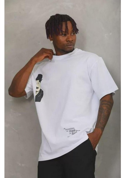 Unisex Oversize Baskılı Bisiklet Yaka T-Shirt