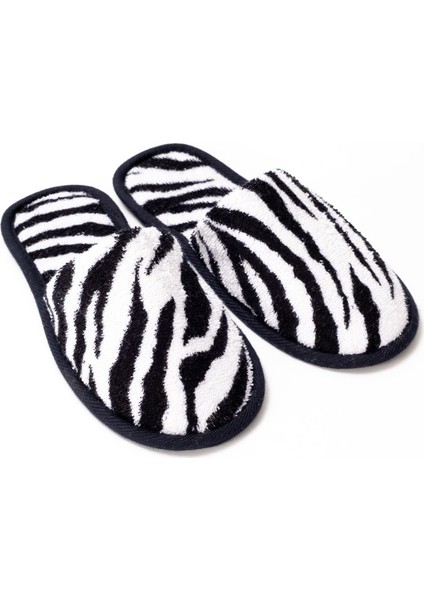 Zebra Desen Baskılı Havlu Terlik Kaymaz İnce Taban - Zebra Baskılı- Siyah Biyeli-36-38
