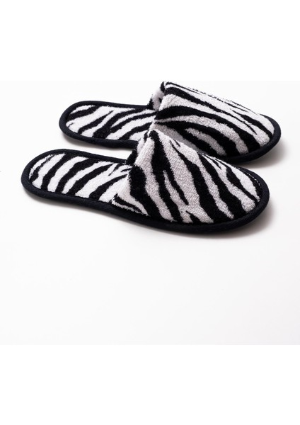 Zebra Desen Baskılı Havlu Terlik Kaymaz İnce Taban - Zebra Baskılı- Siyah Biyeli-36-38