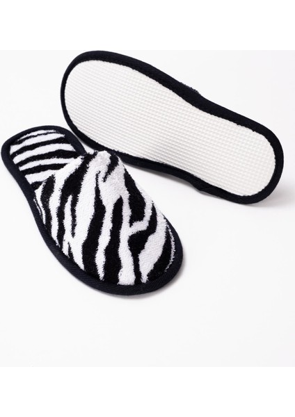 Zebra Desen Baskılı Havlu Terlik Kaymaz İnce Taban - Zebra Baskılı- Siyah Biyeli-36-38
