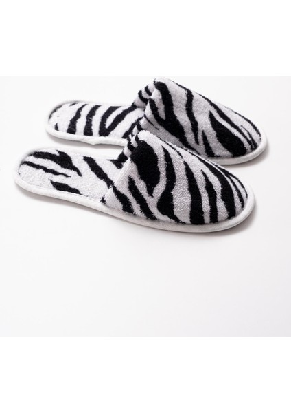 Zebra Desen Baskılı Havlu Terlik Kaymaz İnce Taban - Zebra Baskılı- Beyaz Biyeli-36-38