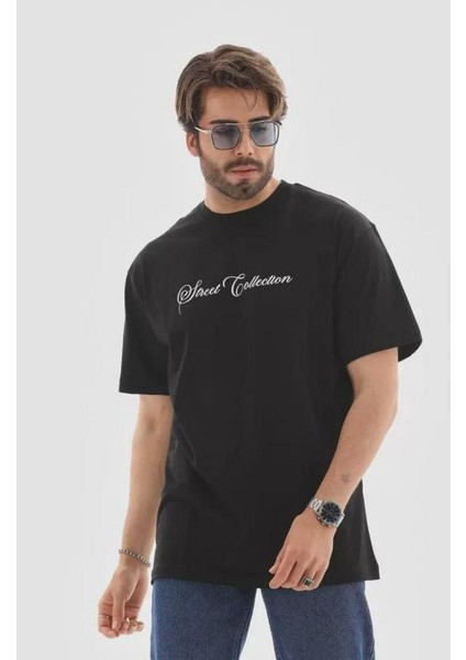 Unisex Bisiklet Yaka Baskılı Oversize T-Shirt