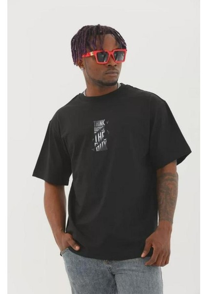 Unisex Oversize Baskılı Bisiklet Yaka T-Shirt