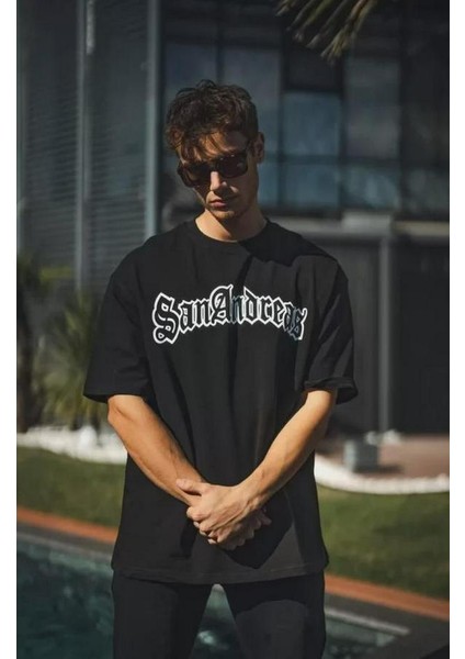 Unisex Bisiklet Yaka Baskılı Oversize T-Shirt