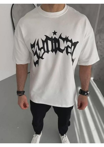 Unisex Bisiklet Yaka Baskılı Oversize T-Shirt