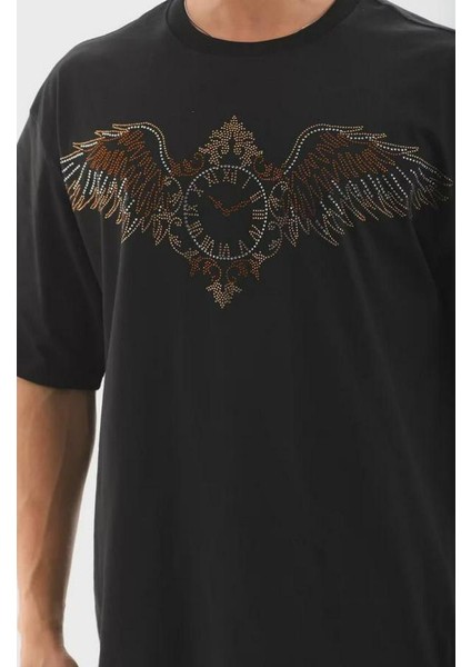 Unisex Oversize Taşlı Bisiklet Yaka T-Shirt