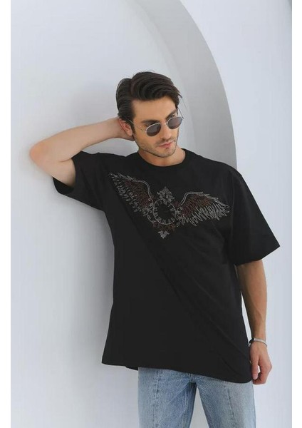 Unisex Oversize Taşlı Bisiklet Yaka T-Shirt modelleri