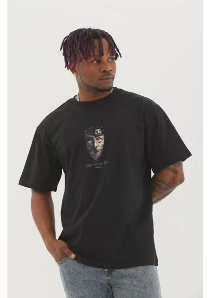 Unisex Oversize Baskılı Bisiklet Yaka T-Shirt