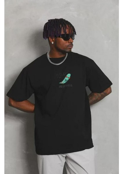 Unisex Oversize Baskılı Bisiklet Yaka T-Shirt