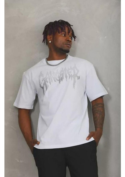 Unisex Oversize Taşlı Bisiklet Yaka T-Shirt