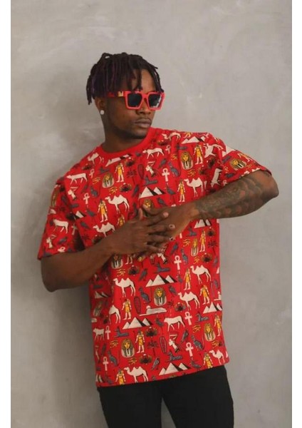 Unisex Oversize Baskılı Bisiklet Yaka T-Shirt