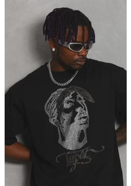 Unisex Oversize Taşlı Bisiklet Yaka T-Shirt