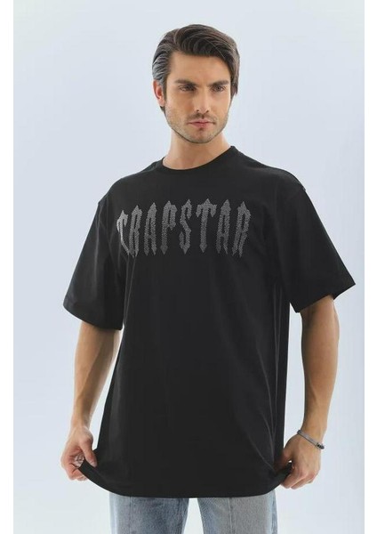 Unisex Oversize Taşlı Bisiklet Yaka T-Shirt