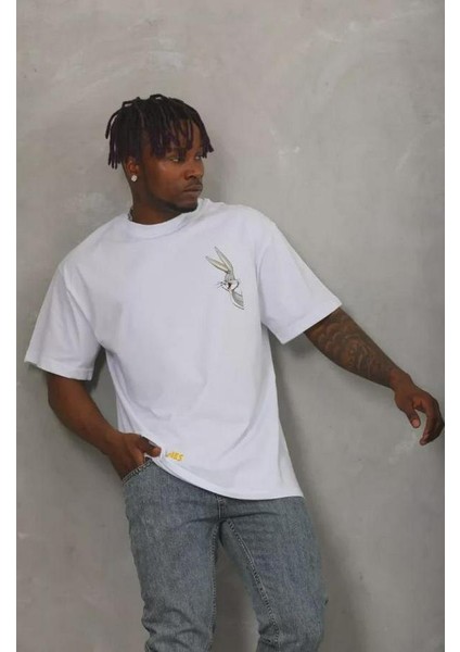 Unisex Oversize Baskılı Bisiklet Yaka T-Shirt