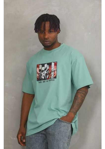 Unisex Oversize Baskılı Bisiklet Yaka T-Shirt