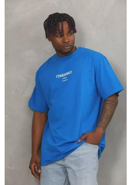 Unisex Oversize Baskılı Bisiklet Yaka T-Shirt