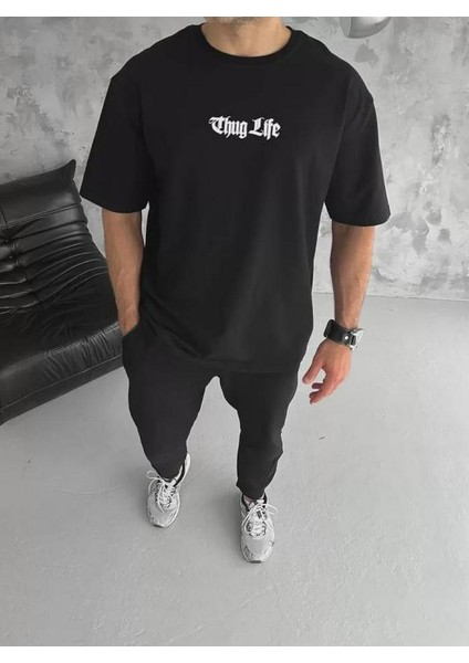 Unisex Bisiklet Yaka Baskılı Oversize T-Shirt