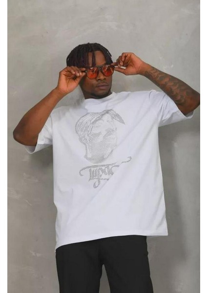 Unisex Oversize Taşlı Bisiklet Yaka T-Shirt