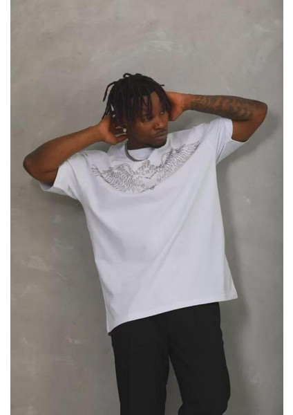 Unisex Oversize Taşlı Bisiklet Yaka T-Shirt fiyatları