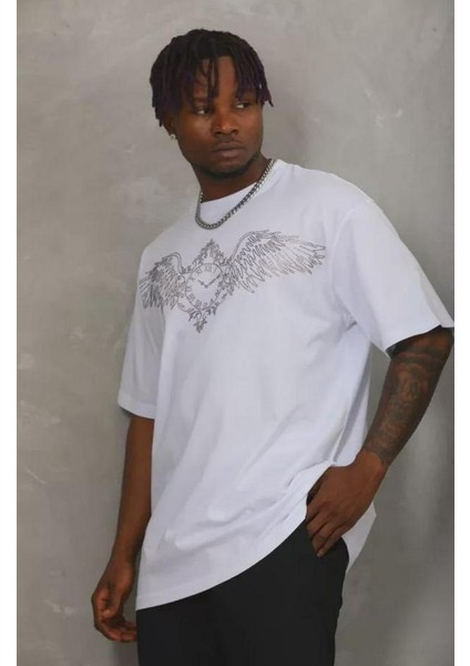 Unisex Oversize Taşlı Bisiklet Yaka T-Shirt modelleri