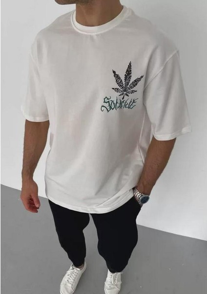 Unisex Bisiklet Yaka Baskılı Oversize T-Shirt