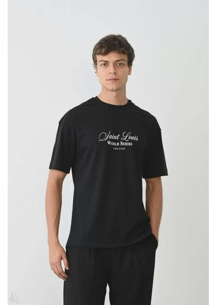 Unisex Bisiklet Yaka Baskılı Oversize T-Shirt