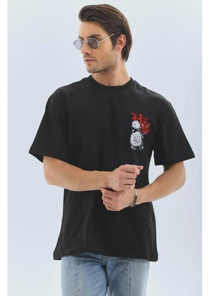 Unisex Oversize Baskılı Bisiklet Yaka T-Shirt