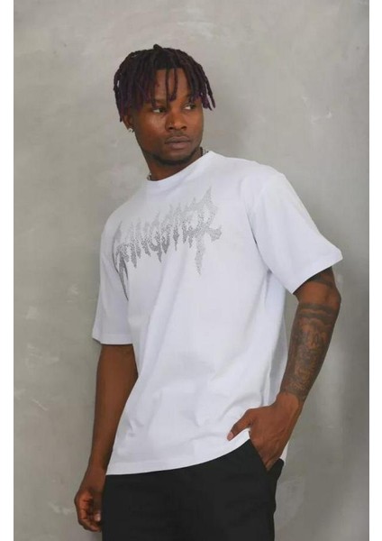 Unisex Oversize Taşlı Bisiklet Yaka T-Shirt modelleri