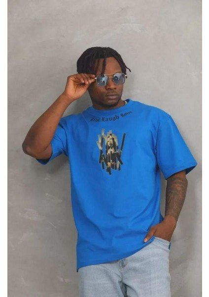 Unisex Oversize Baskılı Bisiklet Yaka T-Shirt