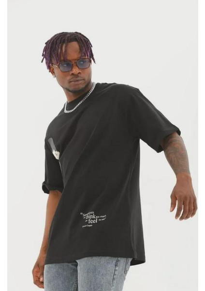 Unisex Oversize Baskılı Bisiklet Yaka T-Shirt
