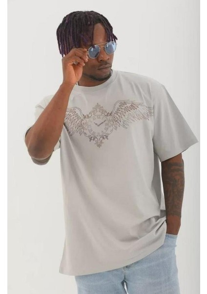 Unisex Oversize Taşlı Bisiklet Yaka T-Shirt