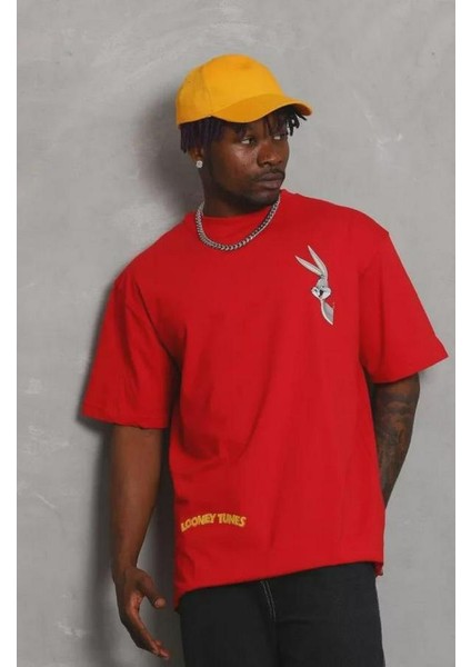 Unisex Oversize Baskılı Bisiklet Yaka T-Shirt