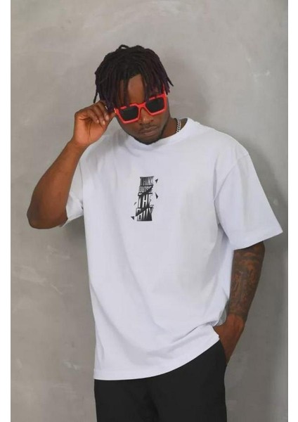 Unisex Oversize Baskılı Bisiklet Yaka T-Shirt