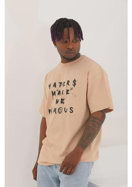 Unisex Oversize Baskılı Bisiklet Yaka T-Shirt
