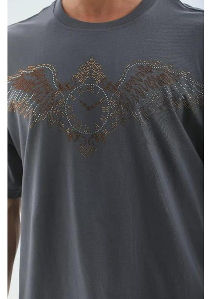 Unisex Oversize Taşlı Bisiklet Yaka T-Shirt