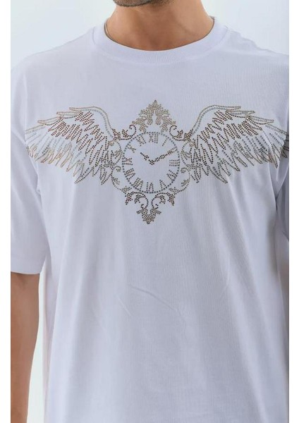 Unisex Oversize Taşlı Bisiklet Yaka T-Shirt