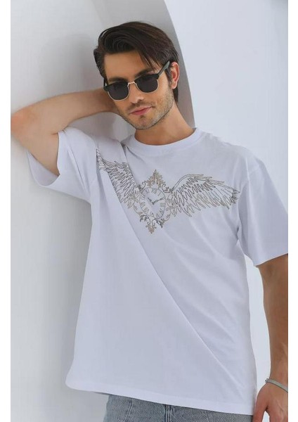 Unisex Oversize Taşlı Bisiklet Yaka T-Shirt modelleri