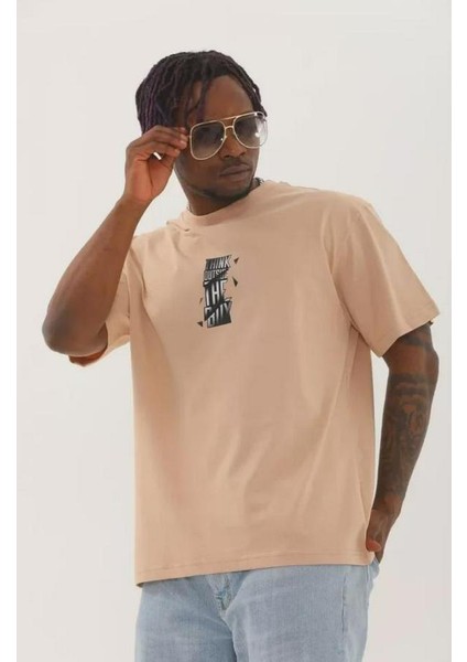 Unisex Oversize Baskılı Bisiklet Yaka T-Shirt