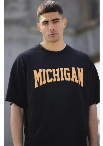 Unisex Bisiklet Yaka Baskılı Oversize T-Shirt