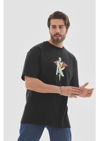 Unisex Bisiklet Yaka Baskılı Oversize T-Shirt