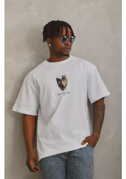 Unisex Oversize Baskılı Bisiklet Yaka T-Shirt
