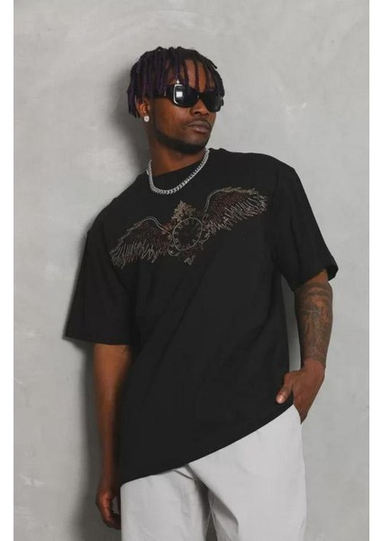 Unisex Oversize Taşlı Bisiklet Yaka T-Shirt fiyatları