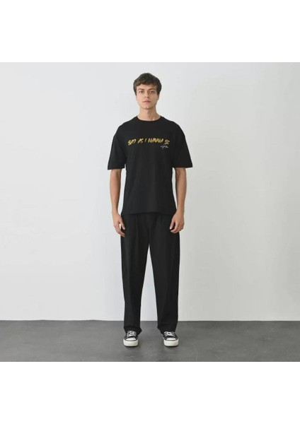 Unisex Bisiklet Yaka Baskılı Oversize T-Shirt