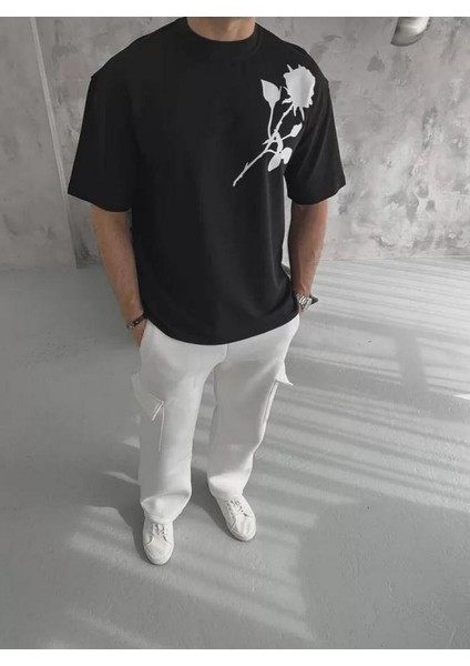 Unisex Bisiklet Yaka Baskılı Oversize T-Shirt